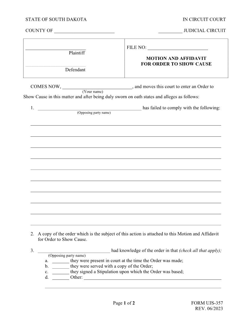 Motion And Affidavit For Order To Show Cause {UJS-357} | Pdf Fpdf Doc Docx | South Dakota