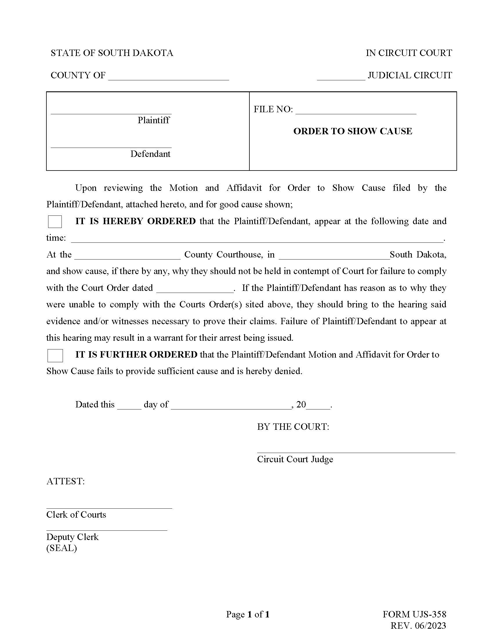 Order To Show Cause {UJS-358} | Pdf Fpdf Doc Docx | South Dakota