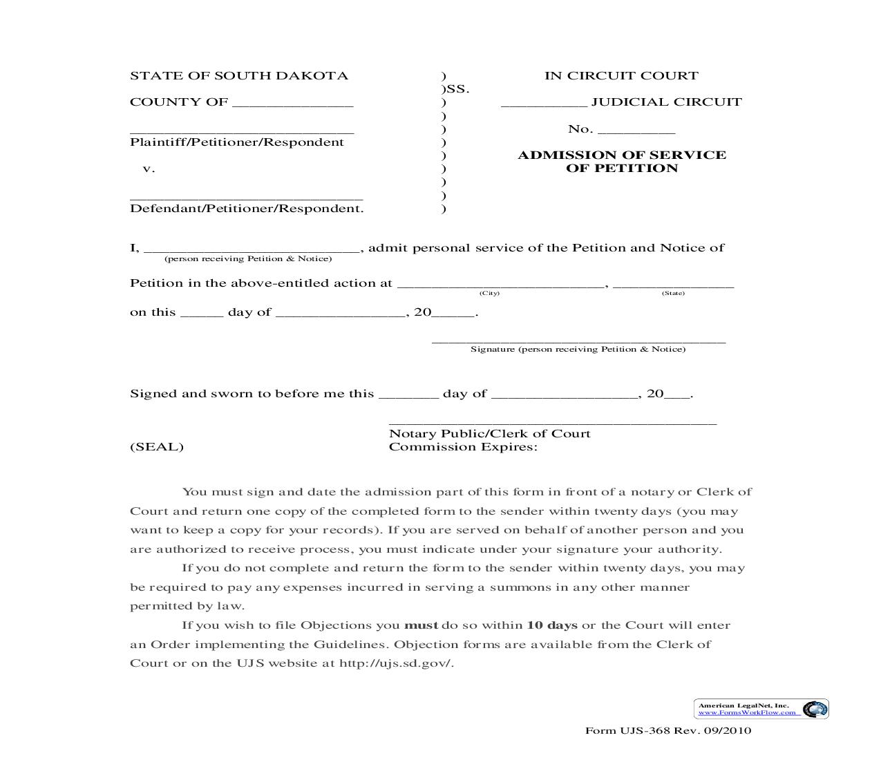 Admission Of Service For Guidelines {UJS-368} | Pdf Fpdf Doc Docx | South Dakota