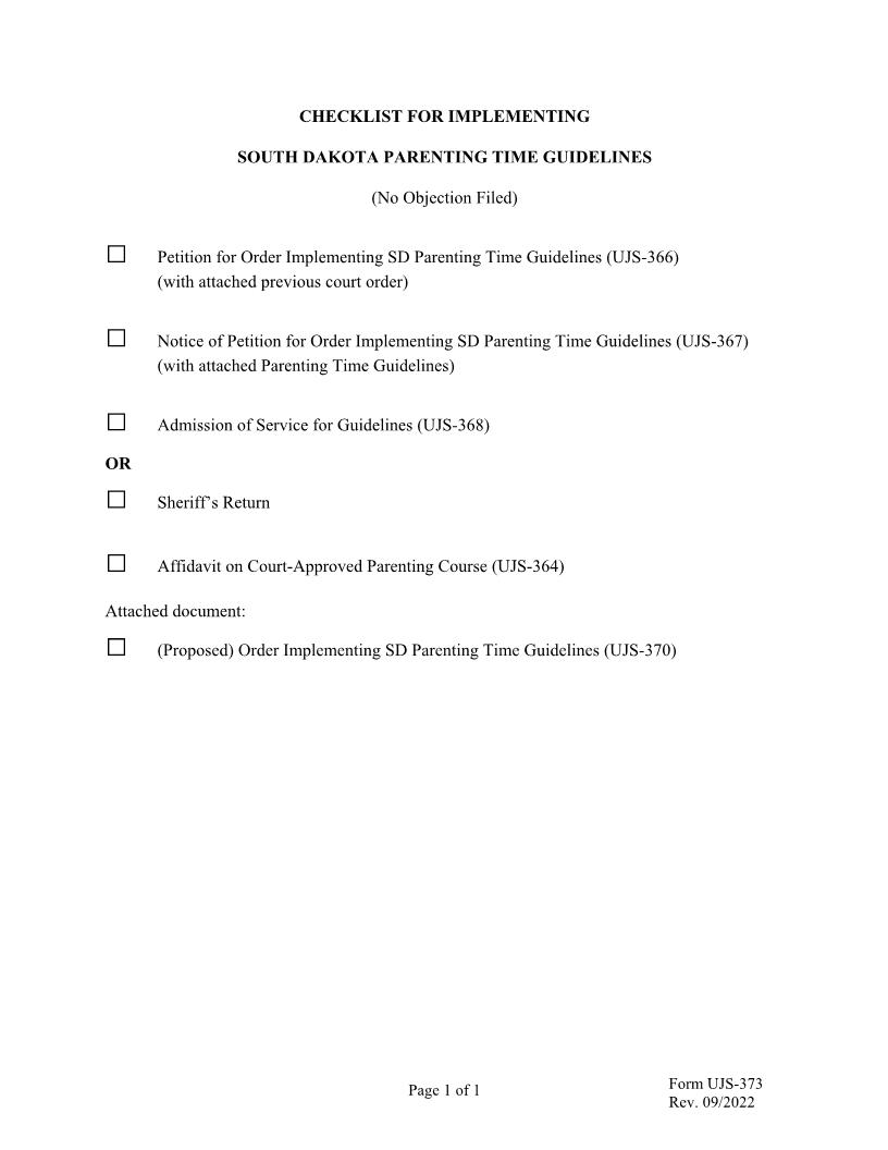 Checklist For Implementing South Dakota Parenting Time Guidelines {UJS-373} | Pdf Fpdf Doc Docx | South Dakota