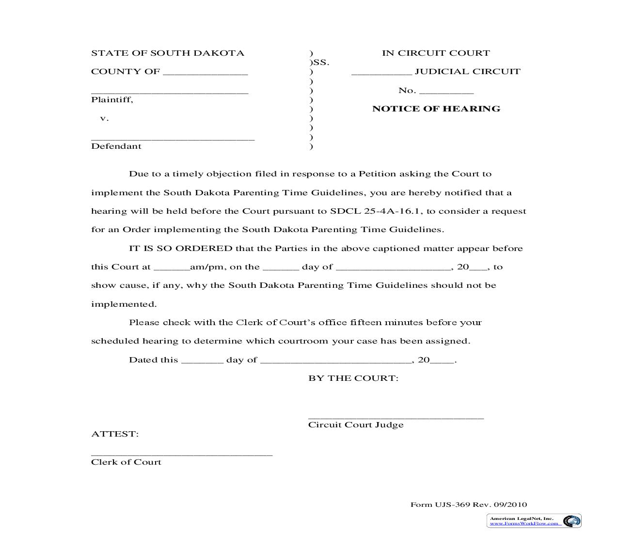 Notice Of Hearing For Parenting Time Guidelines {UJS-369} | Pdf Fpdf Doc Docx | South Dakota