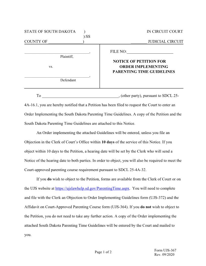 Notice of Petition for Parenting Time Guidelines {UJS-367} | Pdf Fpdf Doc Docx | South Dakota
