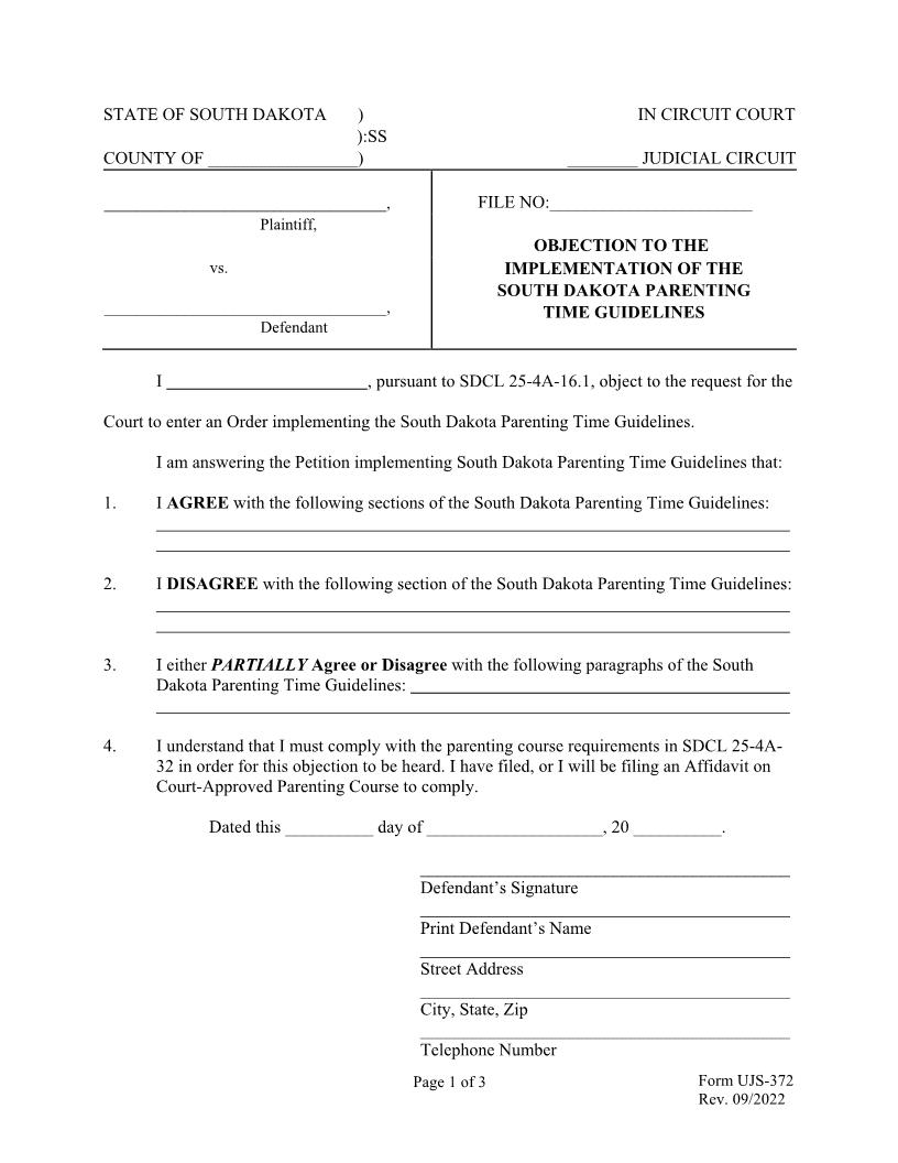 Objection To The Implementation Of The Parenting Time Guidelines {UJS-372} | Pdf Fpdf Docx | South Dakota
