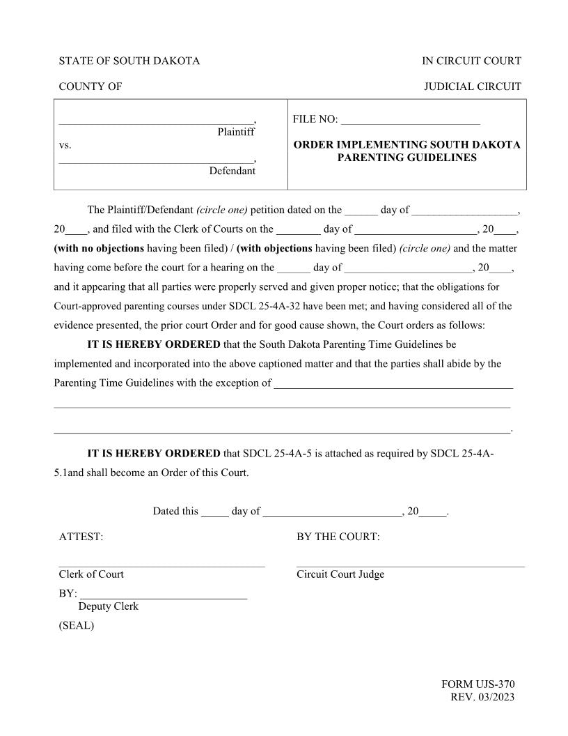 Order Implementing Guidelines {UJS-370} | Pdf Fpdf Doc Docx | South Dakota