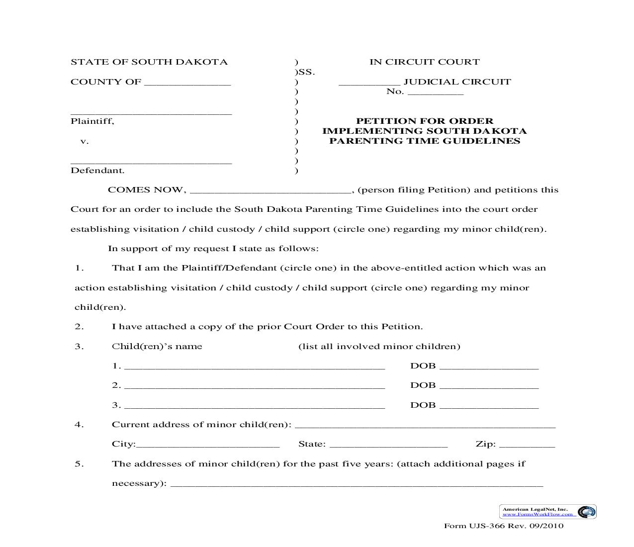 Petition For Order Implementing South Dakota Parenting Time Guidelines {UJS-366} | Pdf Fpdf Doc Docx | South Dakota