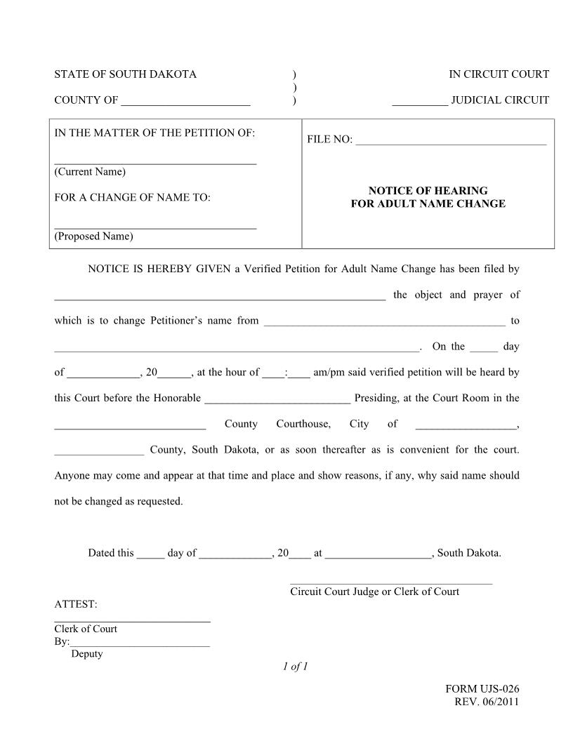 Hearing For Change Of Name {UJS-026} | Pdf Fpdf Doc Docx | South Dakota