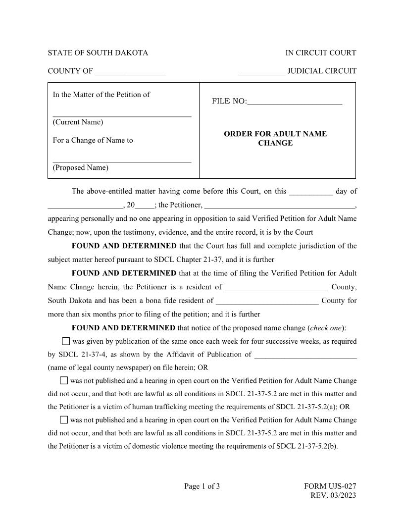 Order For Change Of Name {UJS-027} | Pdf Fpdf Doc Docx | South Dakota