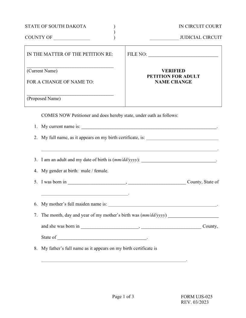 Petition For Change Of Name {UJS-025} | Pdf Fpdf Doc Docx | South Dakota