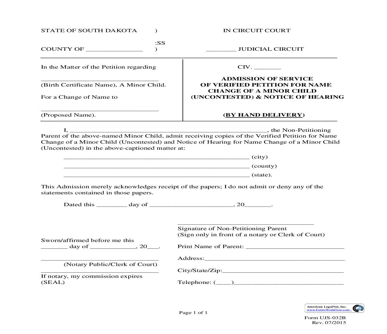 Admission Of Service Of Verified Petition For Name Change Of A Minor Child (Uncontested) {UJS-032B} | Pdf Fpdf Doc Docx | South Dakota