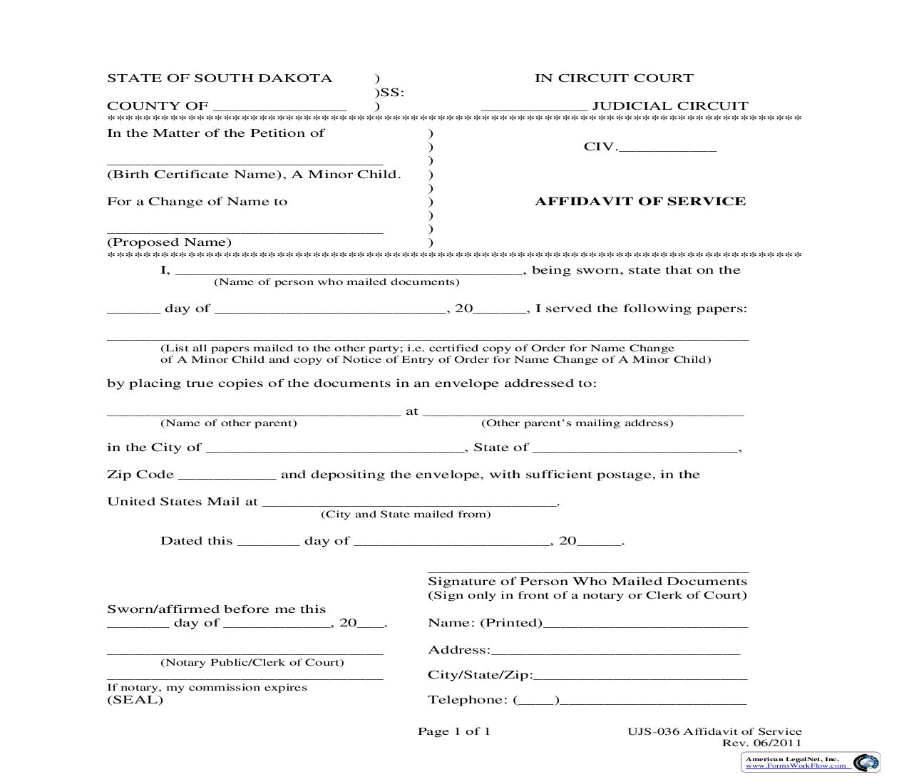 Affidavit Of Service {UJS-036} | Pdf Fpdf Doc Docx | South Dakota