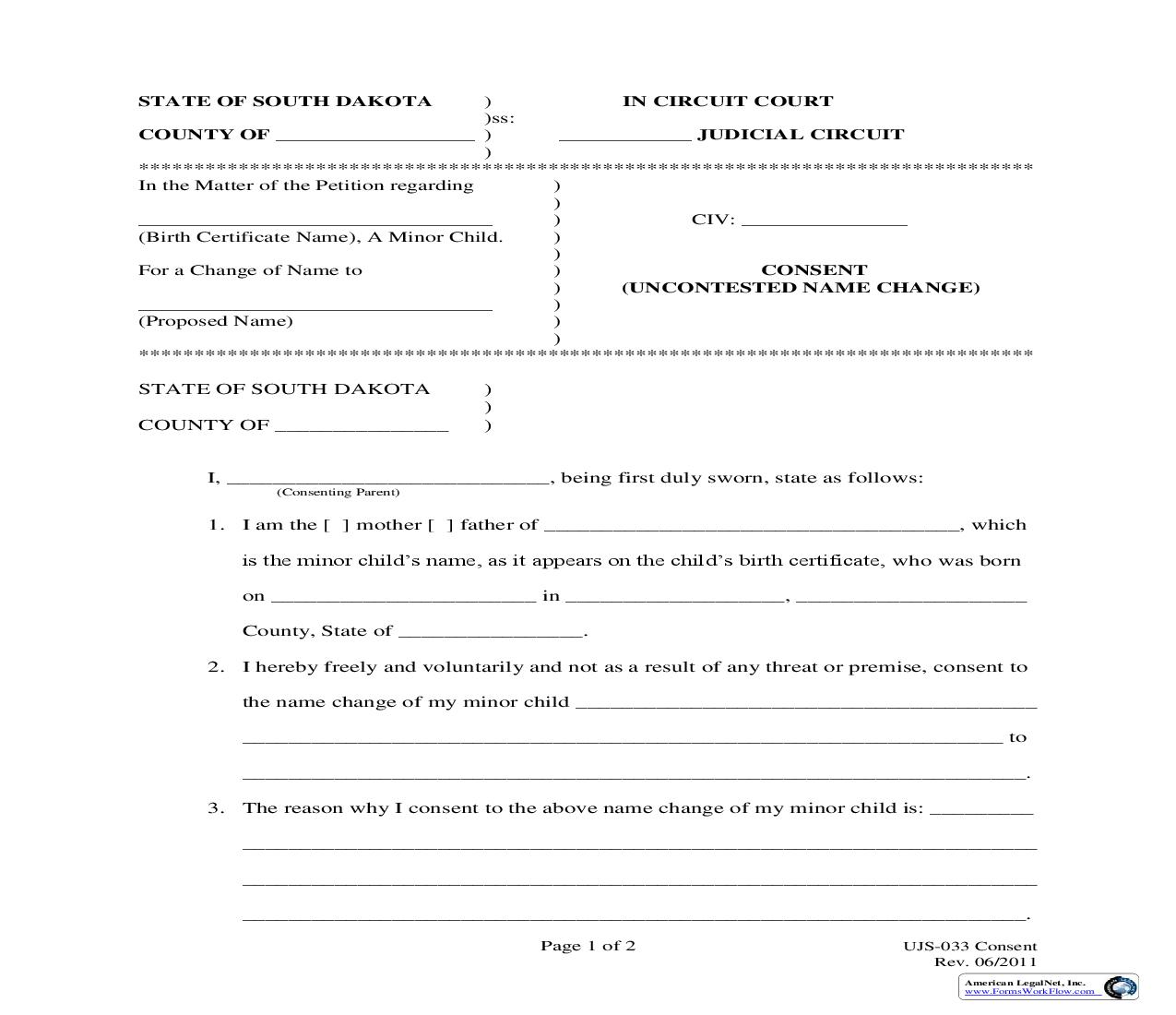 Consent (Uncontested Name Change) {UJS-033} | Pdf Fpdf Doc Docx | South Dakota