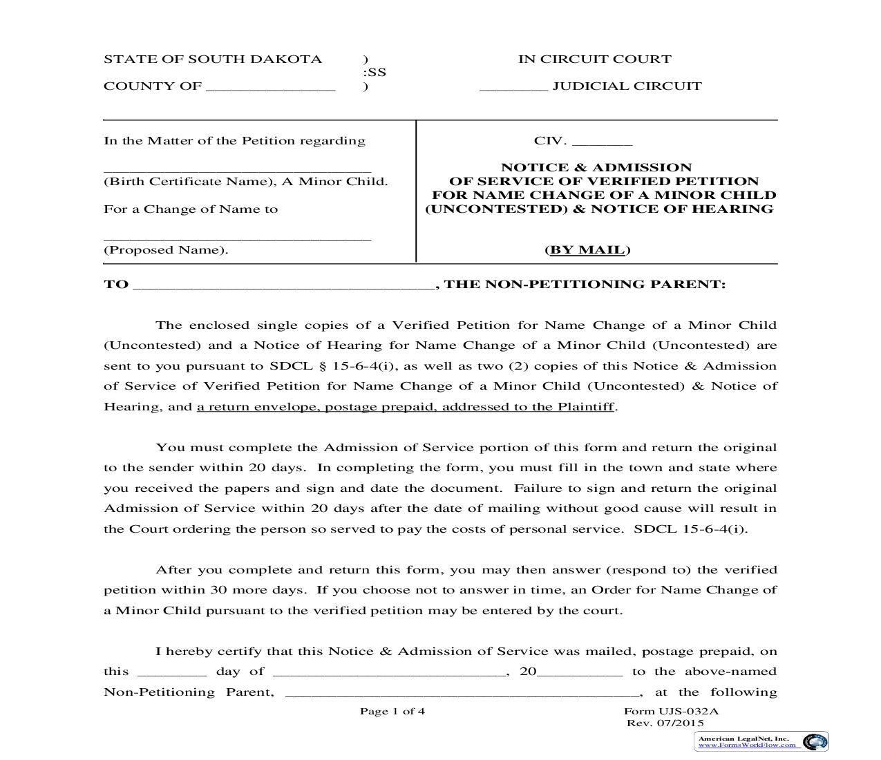 Notice & Admission Of Service Of Verified Petition For Name Change Of A Minor Child (Uncontested) {UJS-032} | Pdf Fpdf Doc Docx | South Dakota