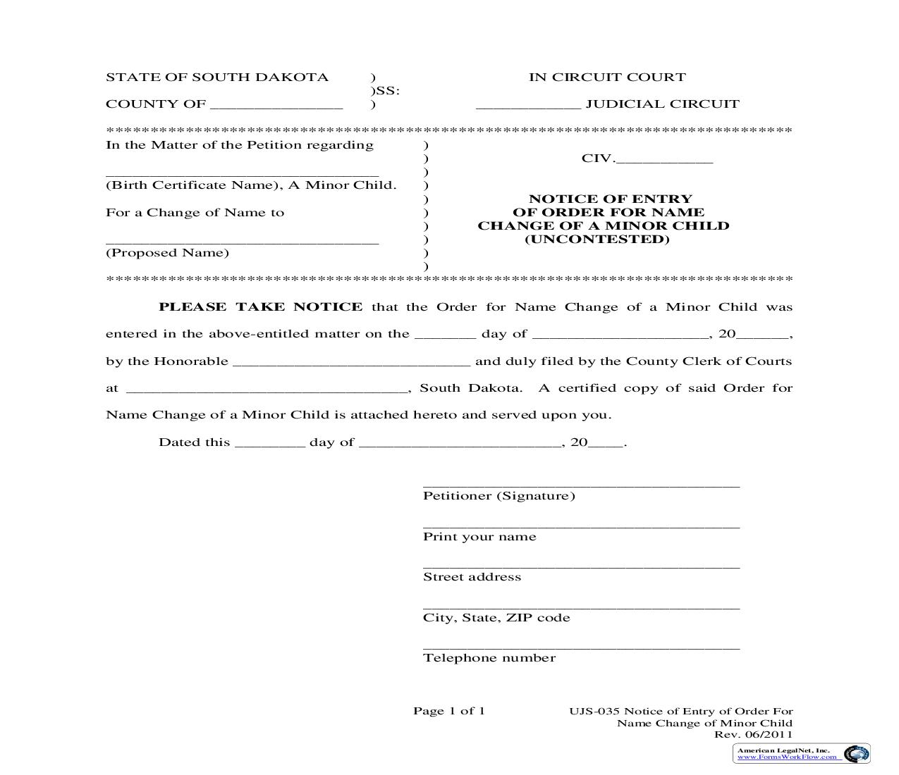 Notice Of Entry Of Order For Name Change {UJS-035} | Pdf Fpdf Doc Docx | South Dakota