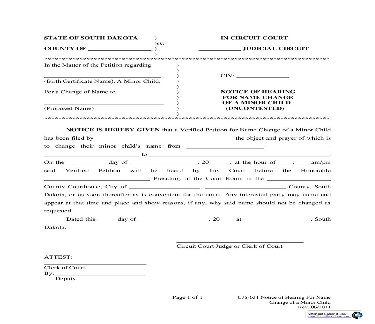Notice Of Hearing {UJS-031} | Pdf Fpdf Doc Docx | South Dakota