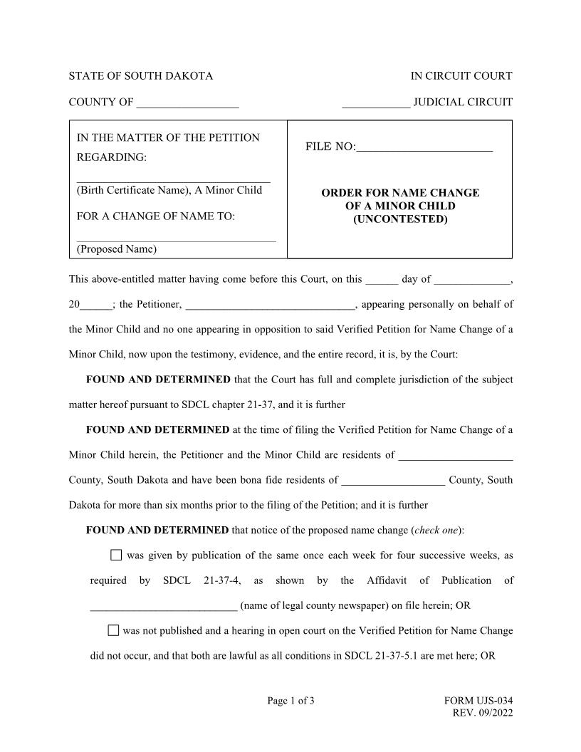 Order For Name Change {UJS-034} | Pdf Fpdf Docx | South Dakota