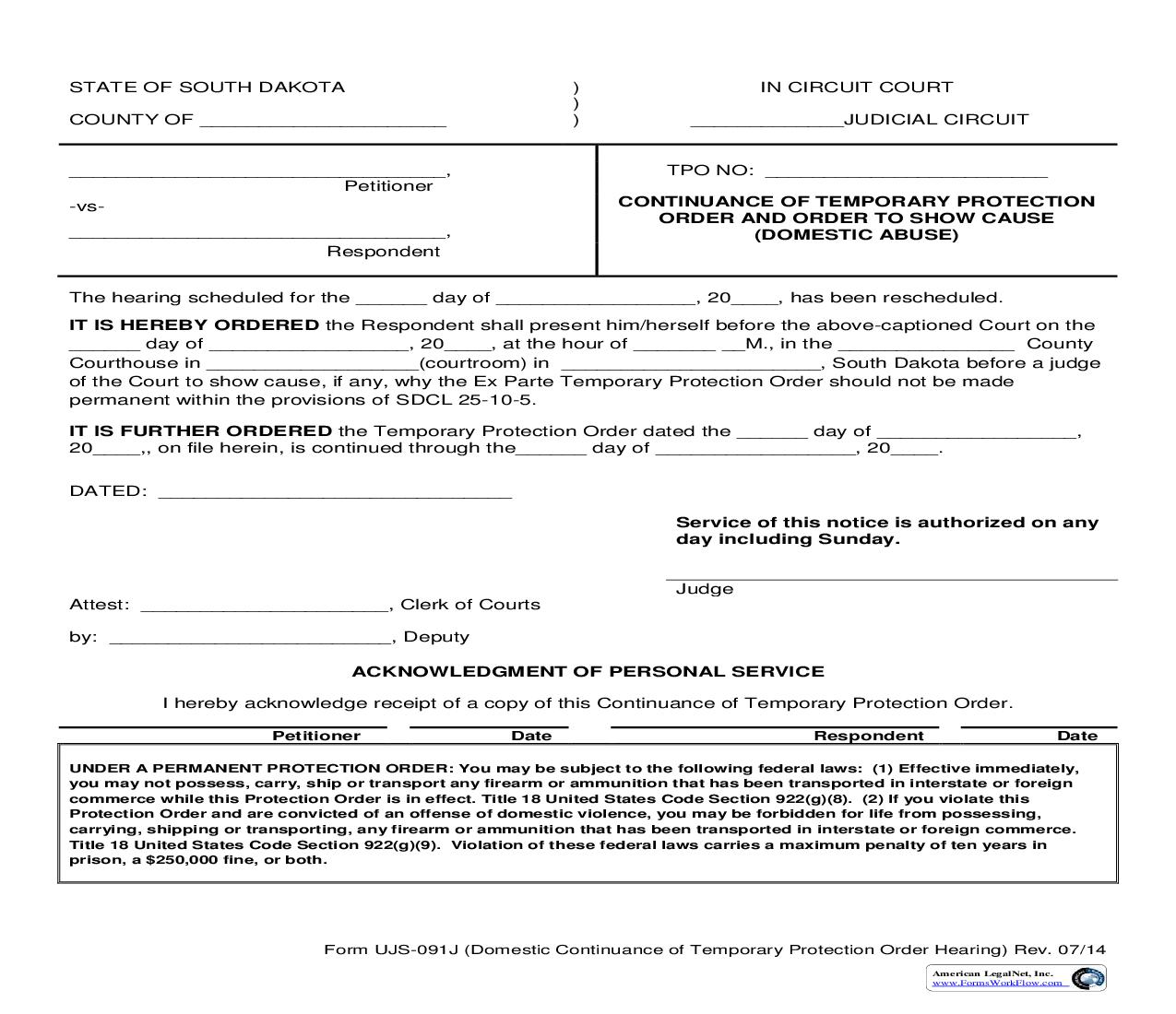 Continuance Of Temporary Protection Order And Order To Show Cause (Domestic Abuse) {UJS-091J} | Pdf Fpdf Doc Docx | South Dakota