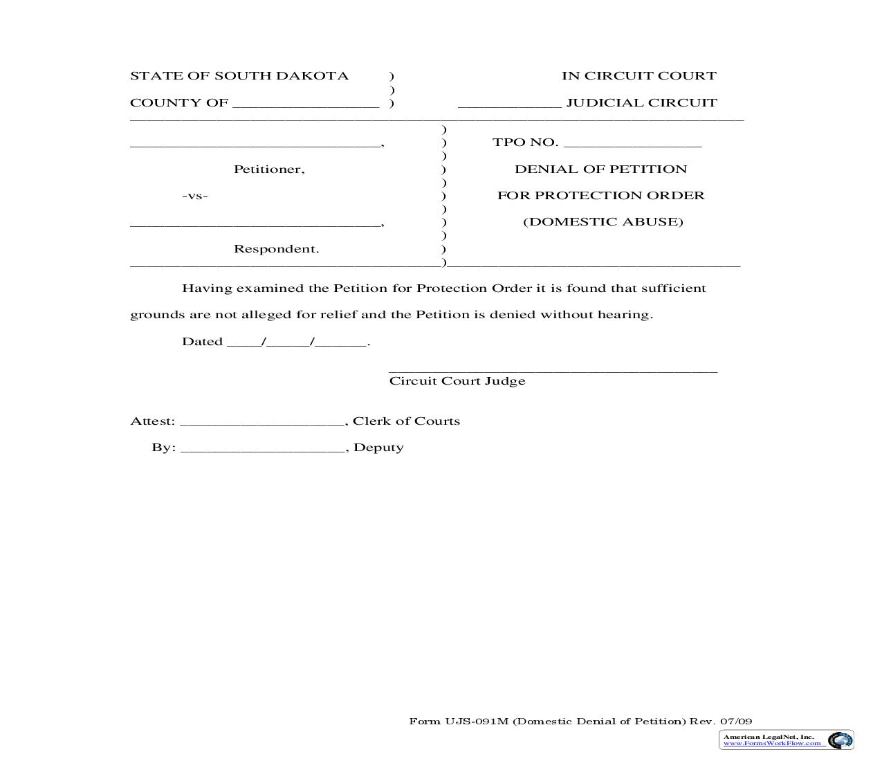 Denial Of Petition For Protection Order (Domestic Abuse) {UJS-091M} | Pdf Fpdf Doc Docx | South Dakota