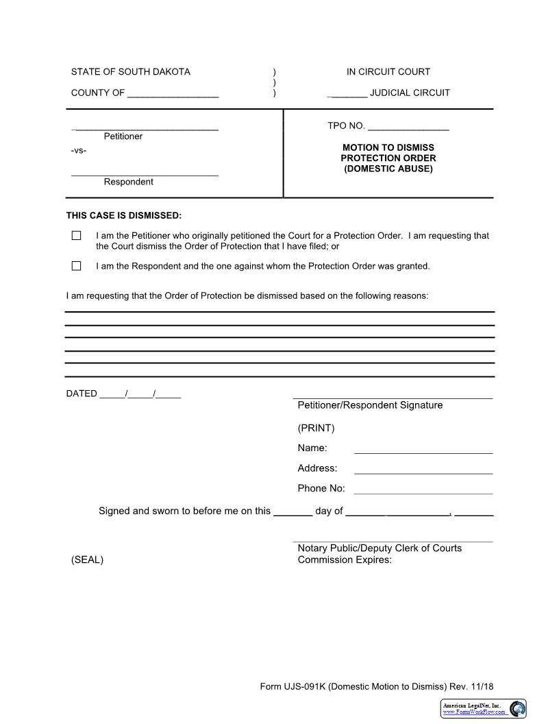 Motion To Dismiss Protection Order {UJS-091K} | Pdf Fpdf Docx | South Dakota
