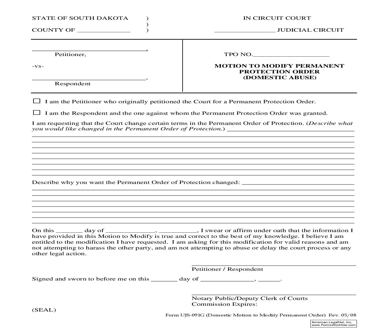 Motion To Modify Permanent Protection Order (Domestic Abuse) {UJS-091G} | Pdf Fpdf Doc Docx | South Dakota