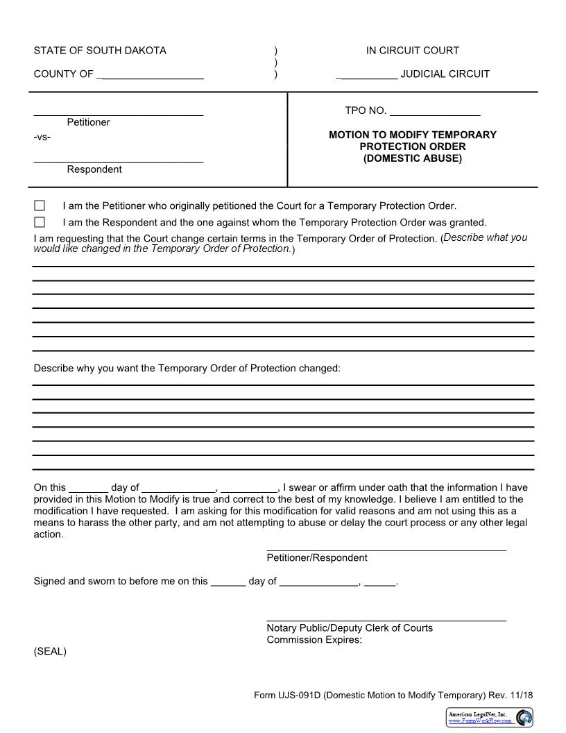 Motion To Modify Temporary Protection Order (Domestic Abuse) {UJS-091D} | Pdf Fpdf Docx | South Dakota