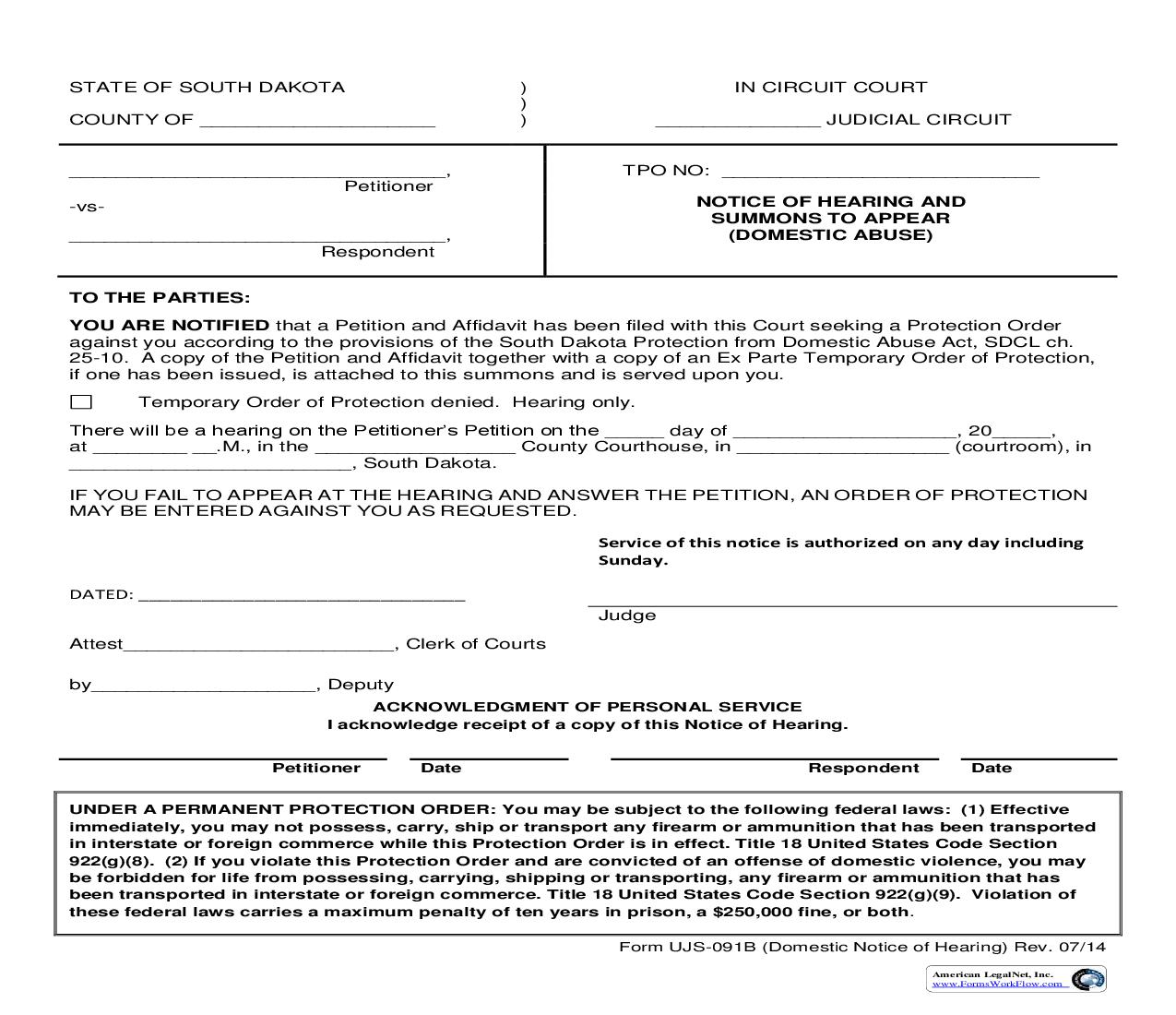 Notice Of Hearing And Summons To Appear (Domestic Abuse) {UJS-091B} | Pdf Fpdf Doc Docx | South Dakota