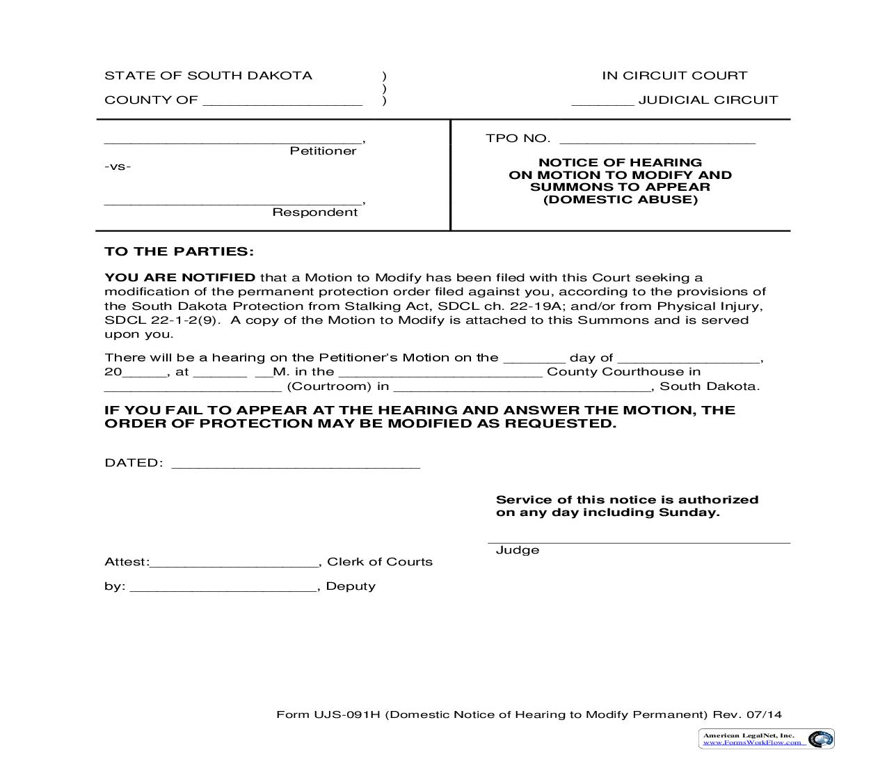 Notice Of Hearing On Motion To Modify And Summons To Appear (Domestic Abuse) {UJS-091H} | Pdf Fpdf Doc Docx | South Dakota