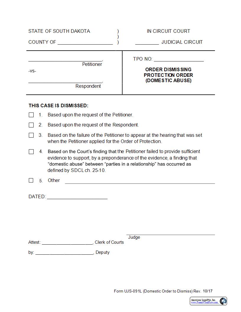 Order Dismissing Protection Order {UJS-091L} | Pdf Fpdf Docx | South Dakota