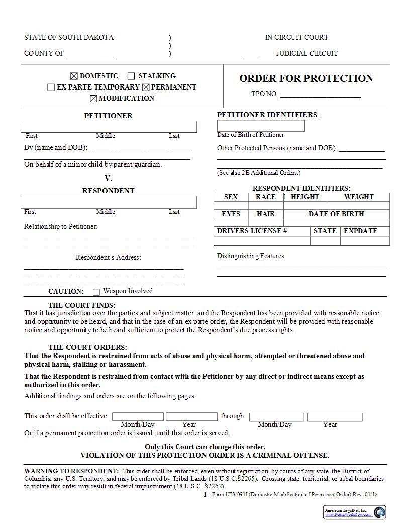 Order For Protection (Domestic Modification Of Permanent Order) {UJS-091I} | Pdf Fpdf Docx | South Dakota