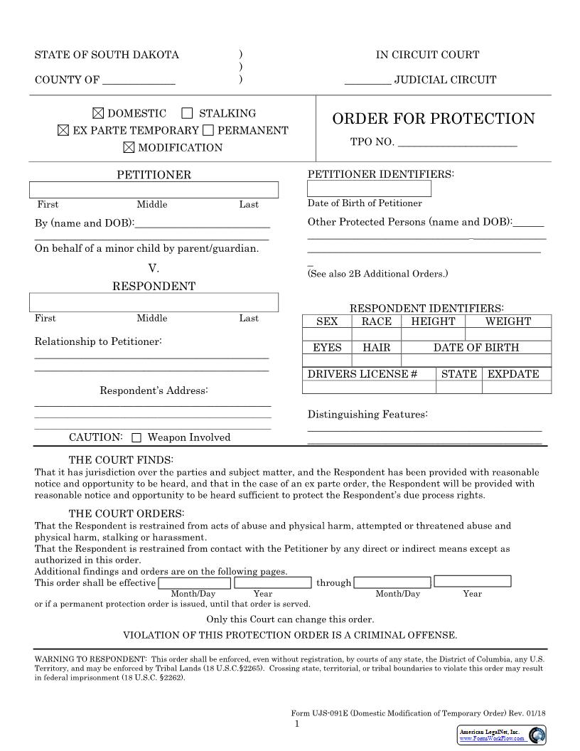 Order For Protection (Domestic Modification Of Temporary Order) {UJS-091E} | Pdf Fpdf Docx | South Dakota