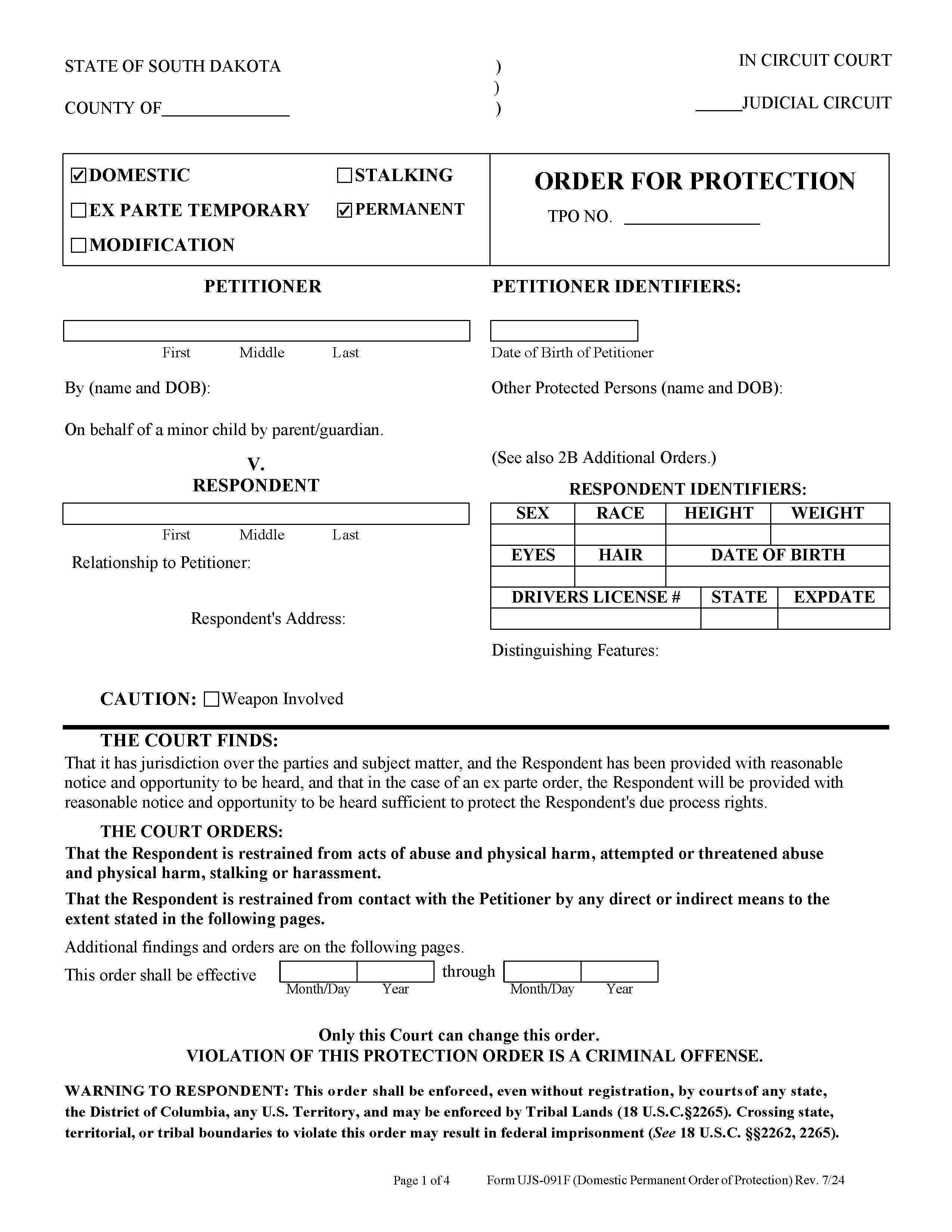Order For Protection (Domestic Permanent Order Of Protection) {UJS-091F} | Pdf Fpdf Docx | South Dakota