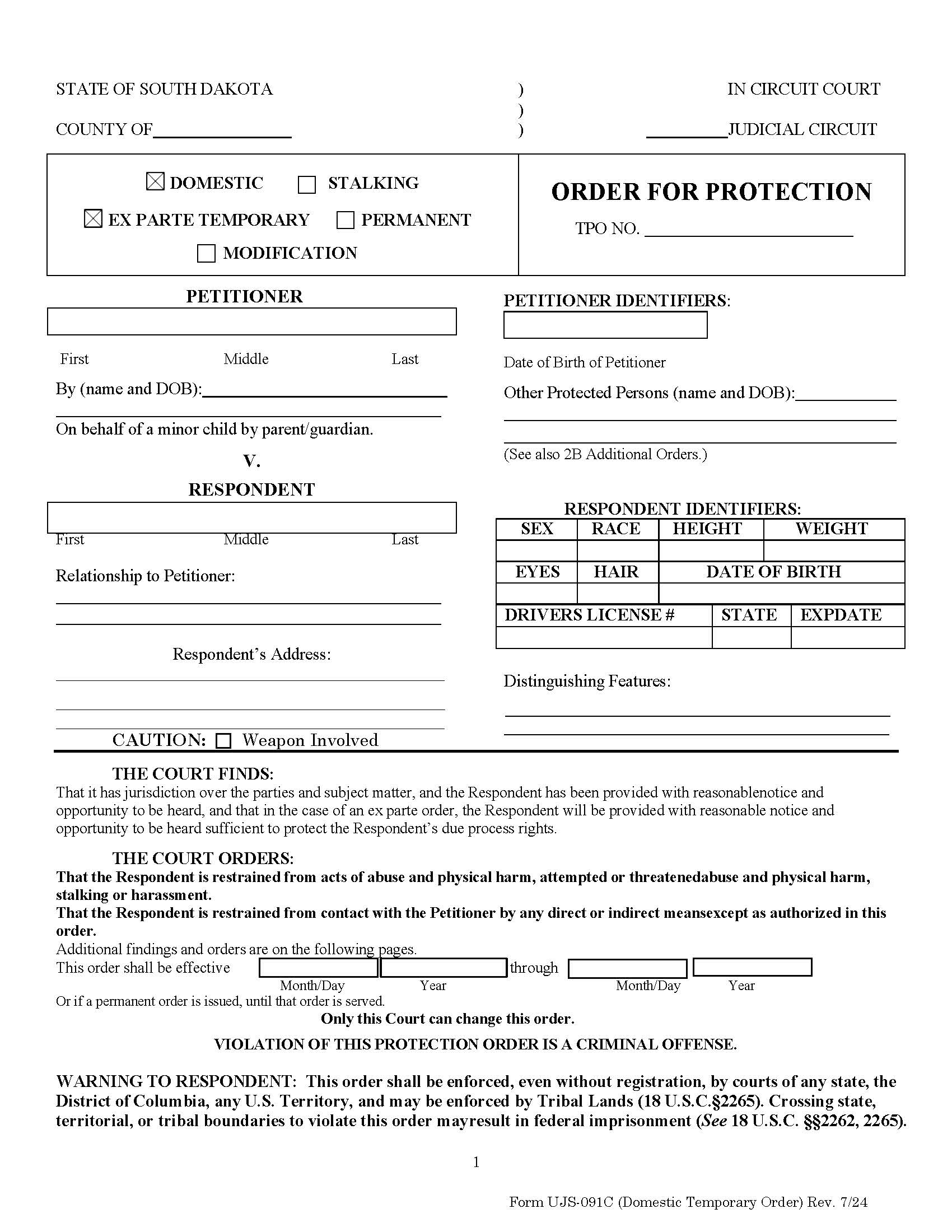 Order For Protection Domestic Temporary Order {UJS-091C} | Pdf Fpdf Docx | South Dakota