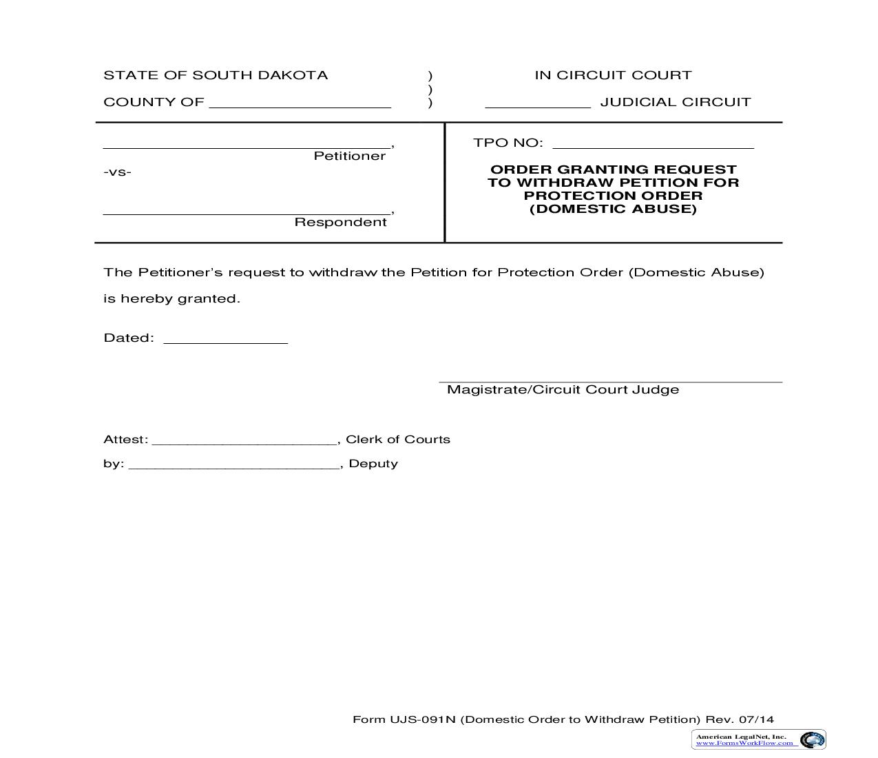 Order Granting Request To Withdraw Petition For Protection Order (Domestic Abuse) {UJS-091N} | Pdf Fpdf Doc Docx | South Dakota