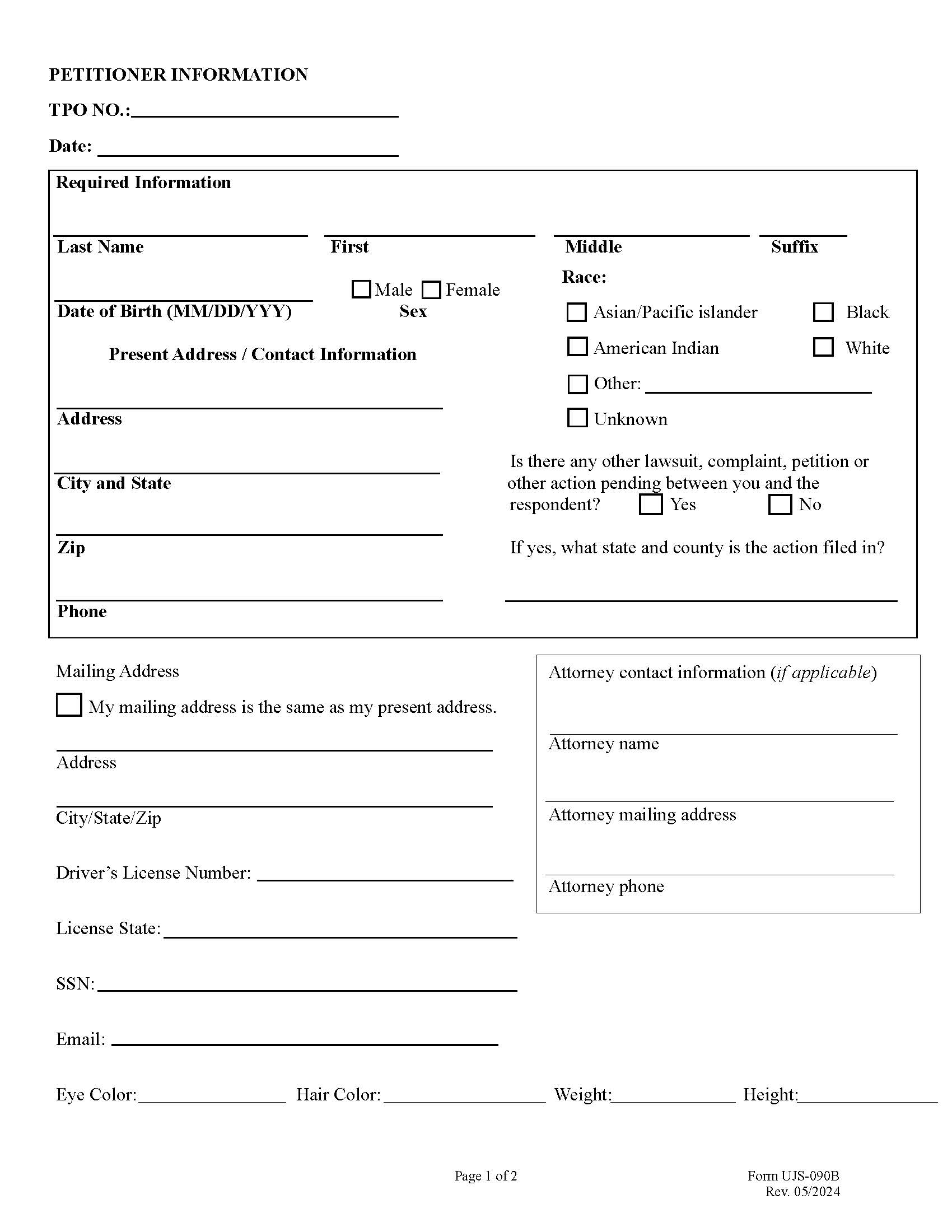 Petitioner Information {UJS-090B} | Pdf Fpdf Doc Docx | South Dakota