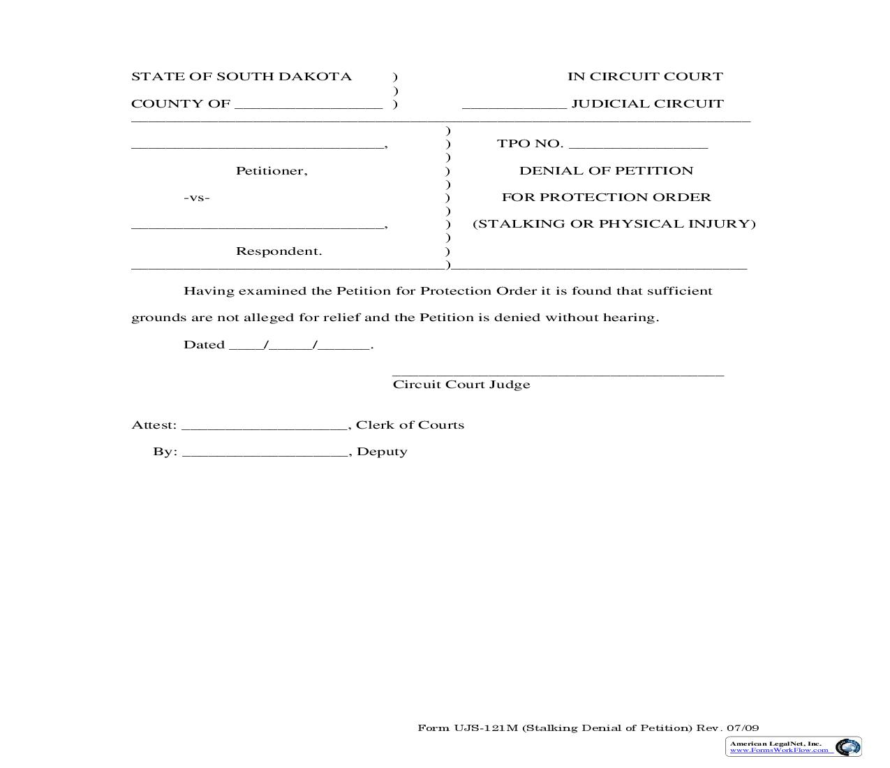 Denial Of Petition For Protection Order (Stalking Or Physical Injury) {UJS-121M} | Pdf Fpdf Doc Docx | South Dakota