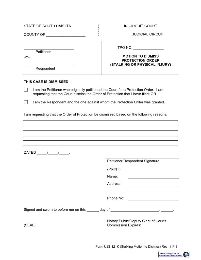 Motion To Dismiss Protection Order {UJS-121K} | Pdf Fpdf Docx | South Dakota