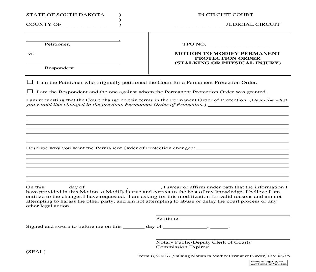 Motion To Modify Permanent Protection Order (Stalking Or Physical Injury) {UJS-121G} | Pdf Fpdf Doc Docx | South Dakota