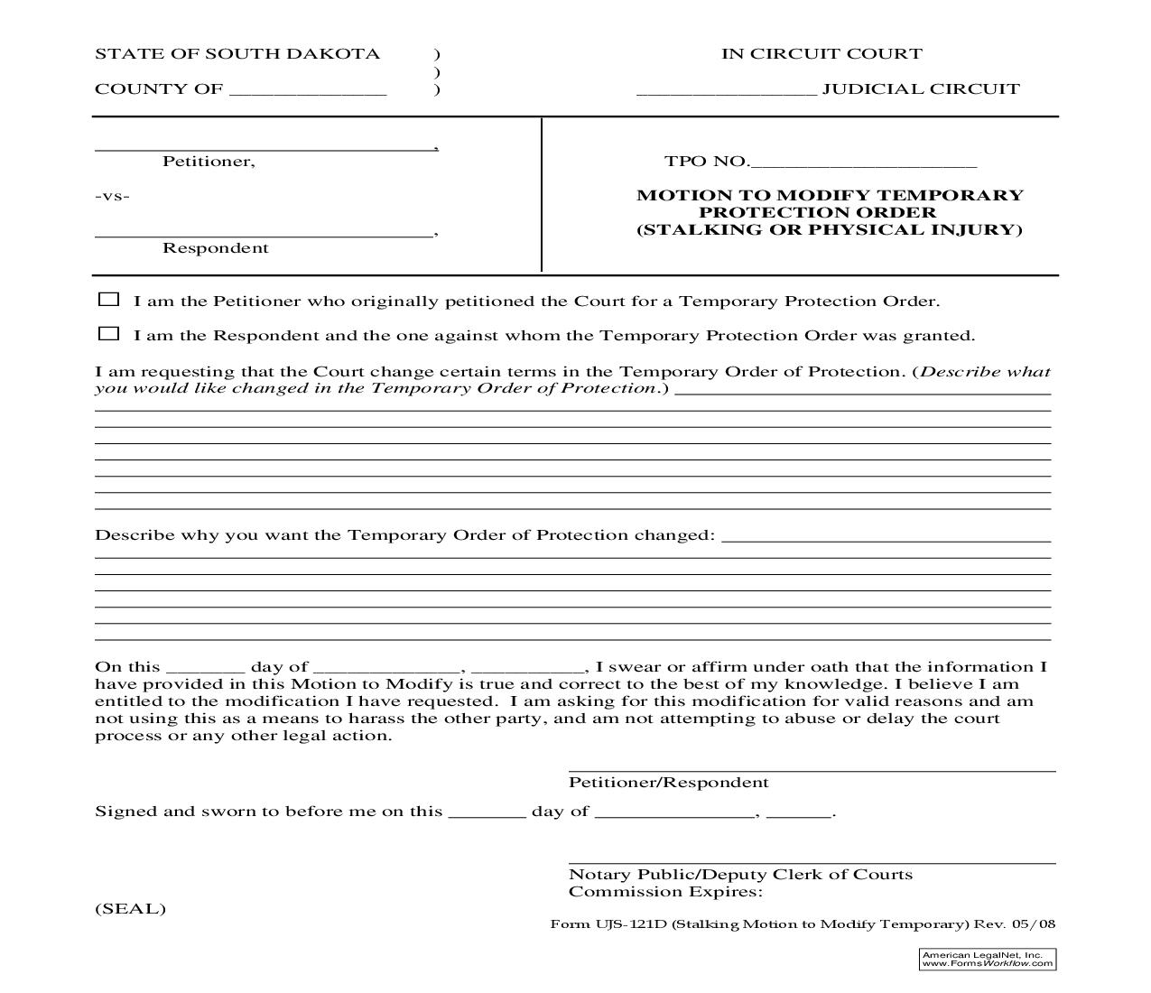 Motion To Modify Temporary Protection Order (Stalking Or Physical Injury) {UJS-121D} | Pdf Fpdf Doc Docx | South Dakota