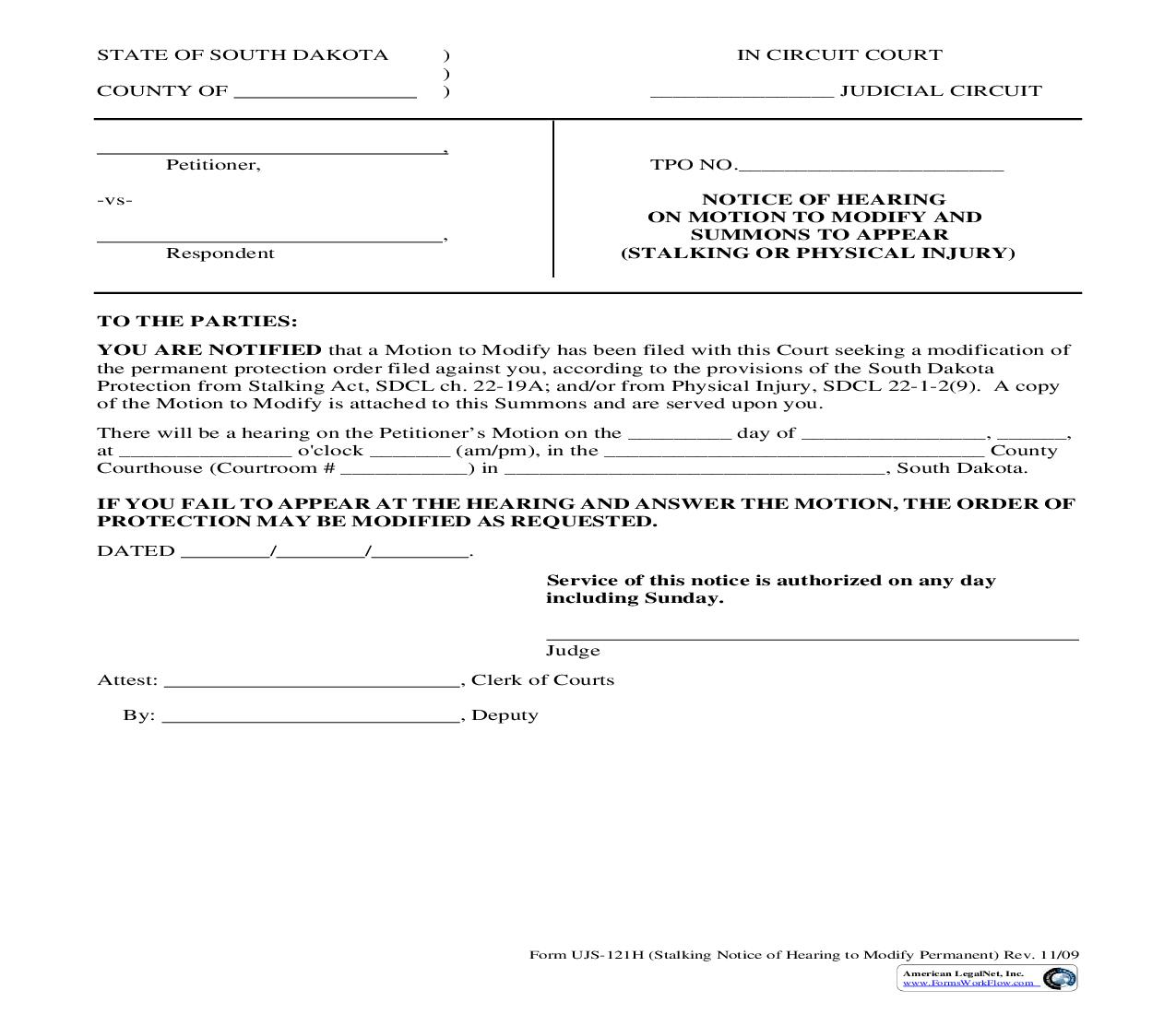 Notice Of Hearing  On Motion To Modify And Summons To Appear (Stalking Or Physical Injury){UJS-121H} | Pdf Fpdf Doc Docx | South Dakota