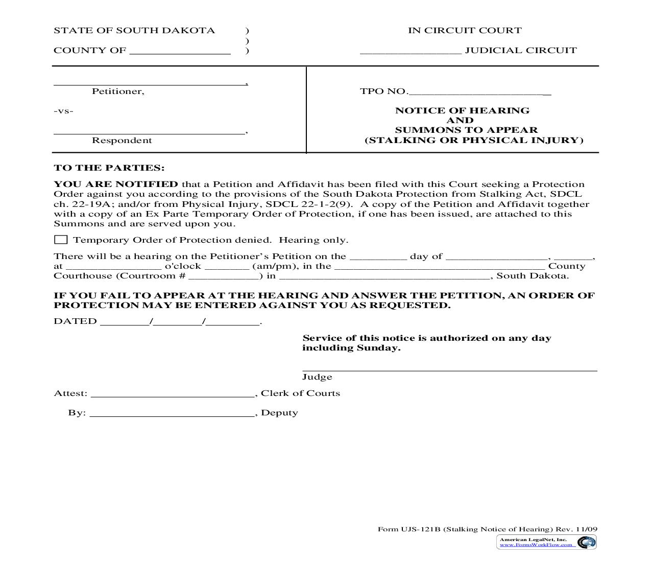 Notice Of Hearing And Summons To Appear (Stalking Or Physical Injury) {UJS-121B} | Pdf Fpdf Doc Docx | South Dakota