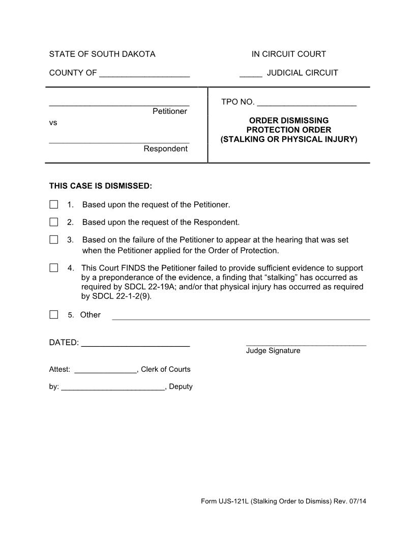 Order Dismissing Protection Order {UJS-121L} | Pdf Fpdf Doc Docx | South Dakota
