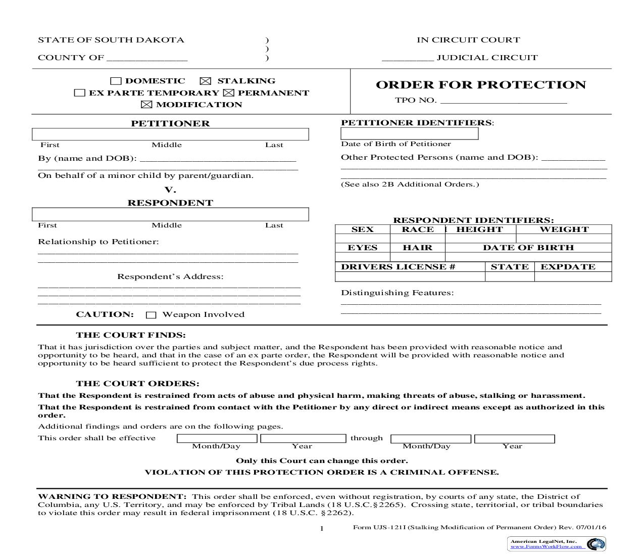 Order For Protection (Stalking Modification Of Permanent Order) {UJS-121I} | Pdf Fpdf Doc Docx | South Dakota