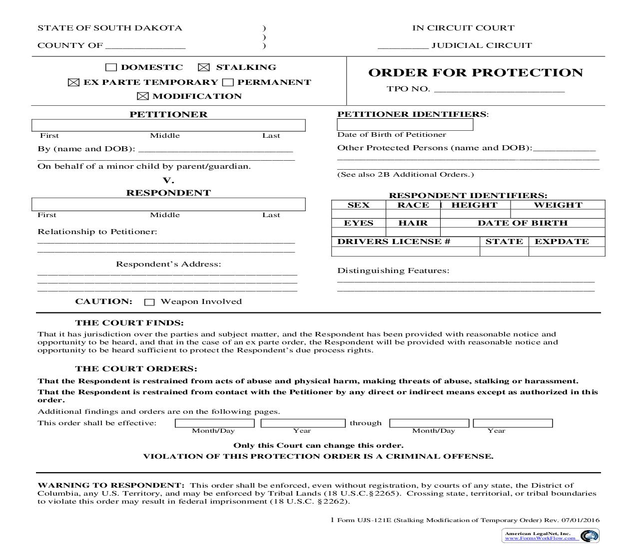 Order For Protection (Stalking Modification Of Temporary Order) {UJS-121E} | Pdf Fpdf Doc Docx | South Dakota