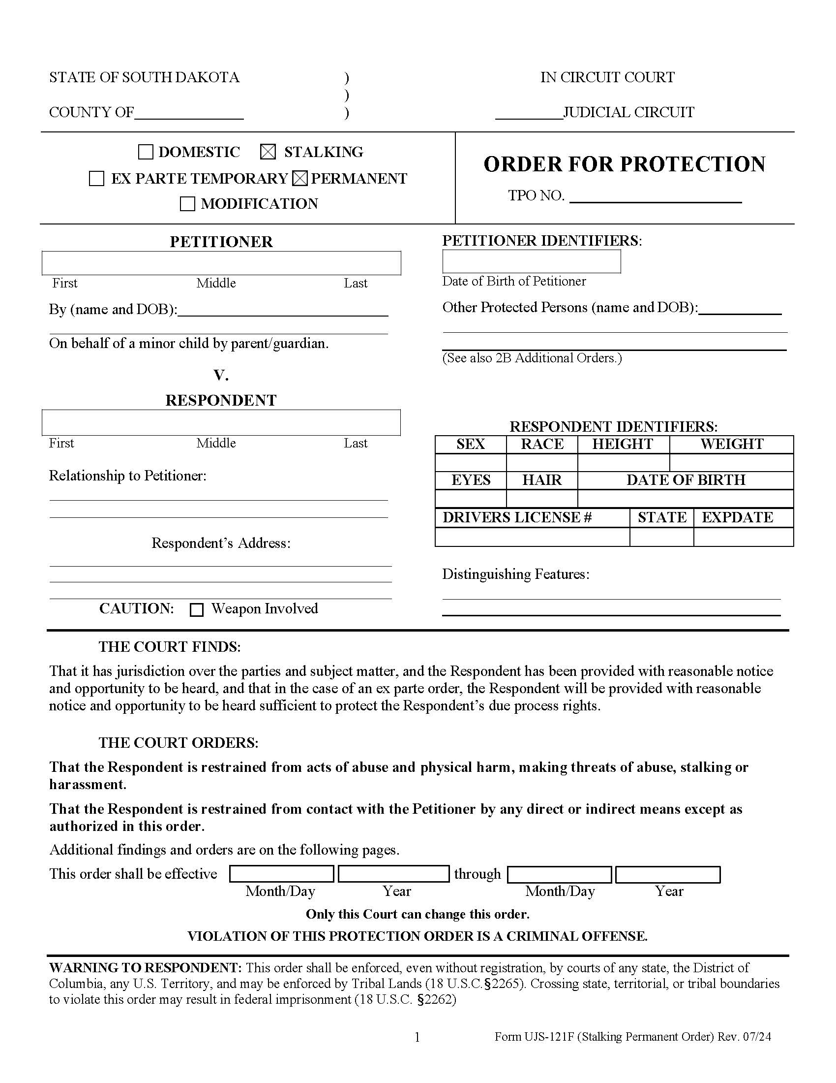 Order For Protection (Stalking Permanent Order Of Protection) {UJS-121F} | Pdf Fpdf Doc Docx | South Dakota