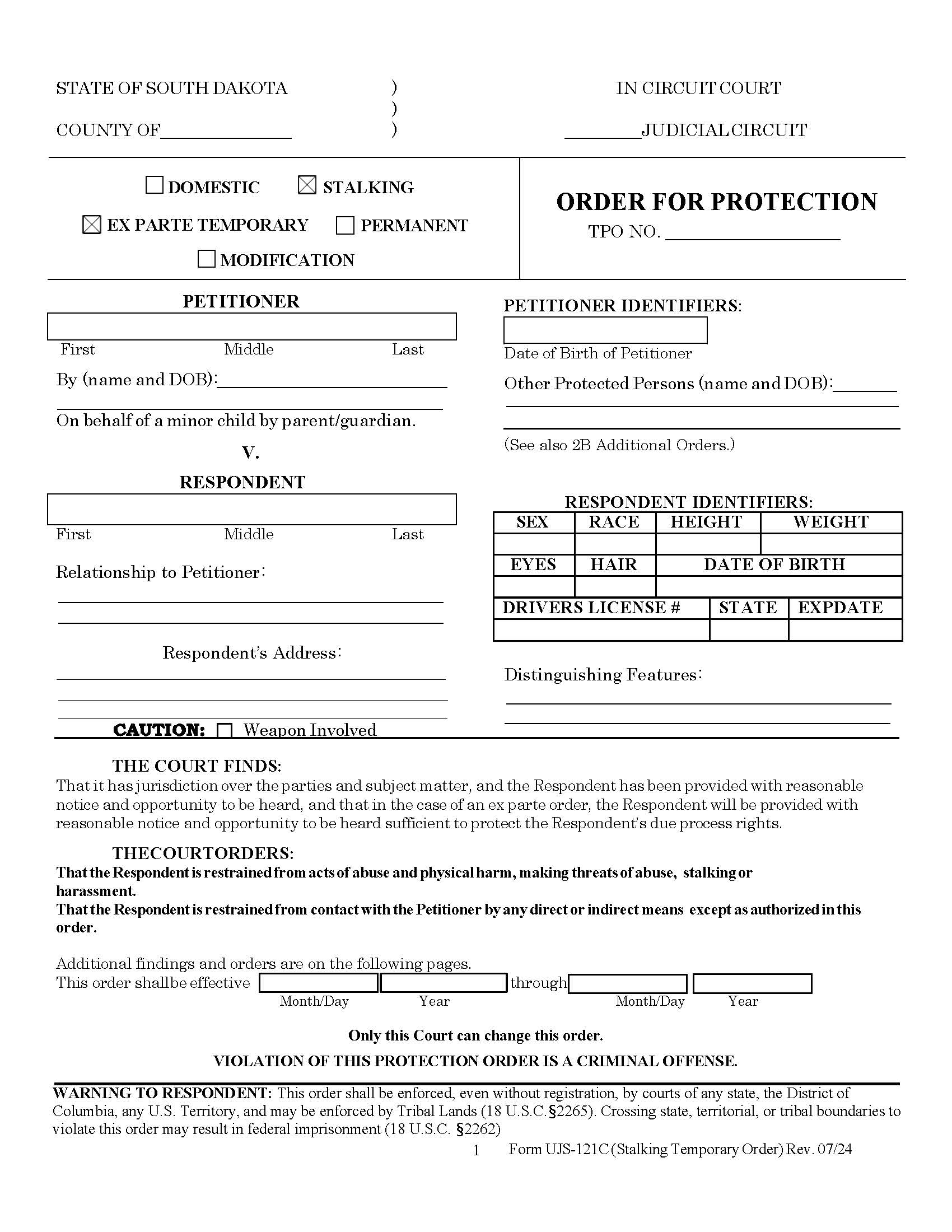 Order For Protection (Stalking Temporary Order) {UJS-121C} | Pdf Fpdf Doc Docx | South Dakota