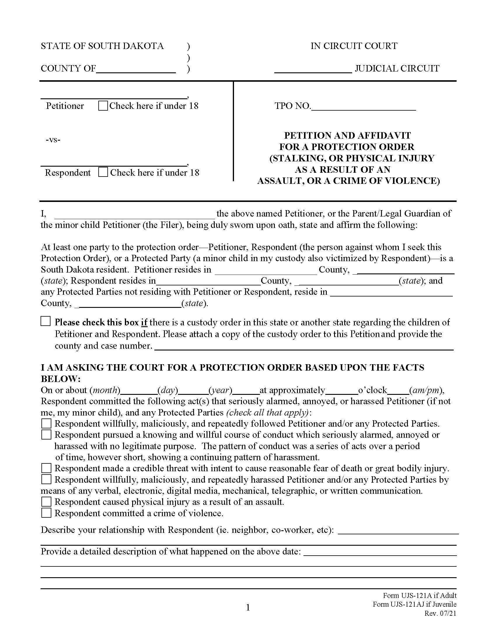 Petition And Affidavit For A Protection Order Stalking Or Physical Injury {UJS-121A} | Pdf Fpdf Doc Docx | South Dakota