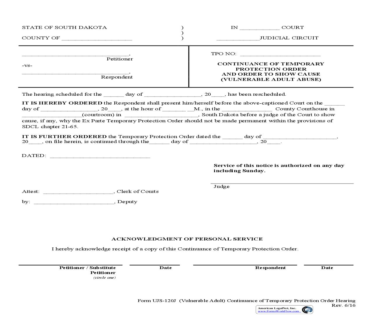 Continuance Of Temporary Protection Order And Order To Show Cause {UJS-120J} | Pdf Fpdf Doc Docx | South Dakota