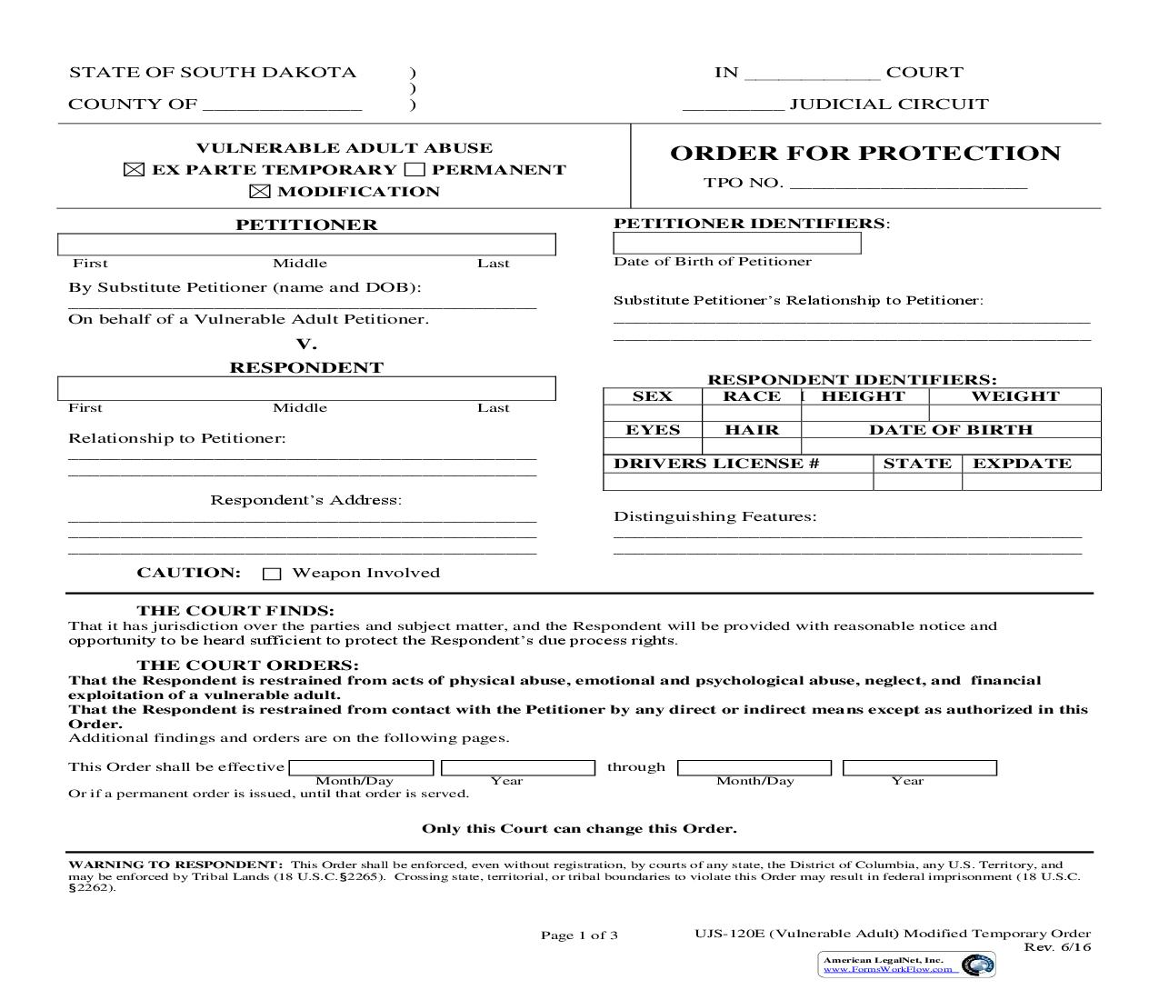 Modification Of Temporary Order {UJS-120E} | Pdf Fpdf Doc Docx | South Dakota