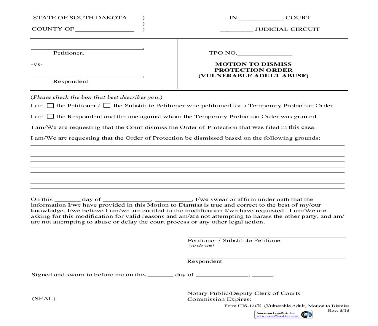 Motion To Dismiss Protection Order {UJS-120K} | Pdf Fpdf Doc Docx | South Dakota