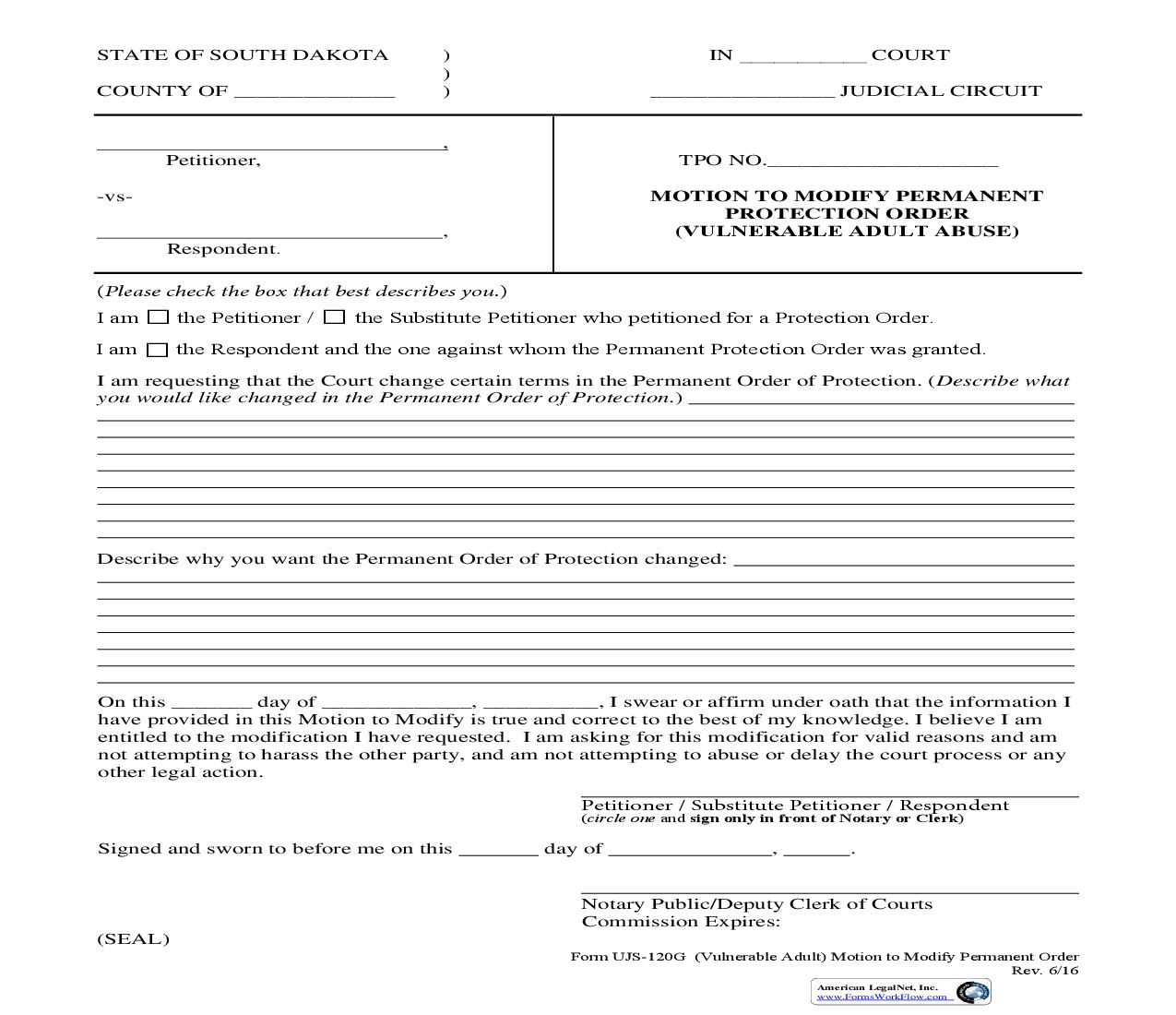 Motion To Modify Permanent Order {UJS-120G} | Pdf Fpdf Doc Docx | South Dakota
