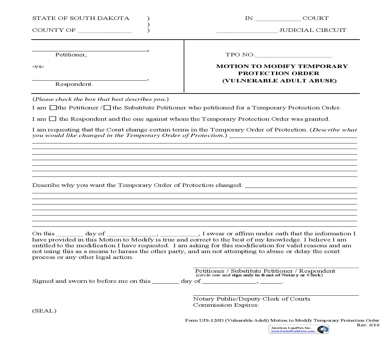 Motion To Modify Temporary Protection Order {UJS-120D} | Pdf Fpdf Doc Docx | South Dakota